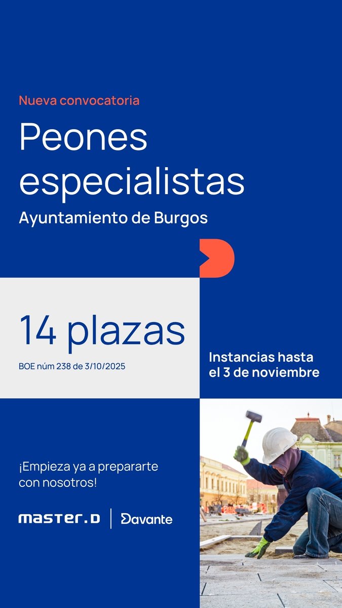 DavanteMasterd's tweet image. 📢 Nueva convocatoria

El Ayuntamiento de #Burgos abre 14 plazas de #Peones especialistas 👷‍♂️

🗓️ Instancias hasta el 3 de noviembre

Prepárate con nosotros 👉 masterd.es/oposiciones-su…

#oposicionesBurgos #oposiciones #oposicionessubalterno #empleabilidad