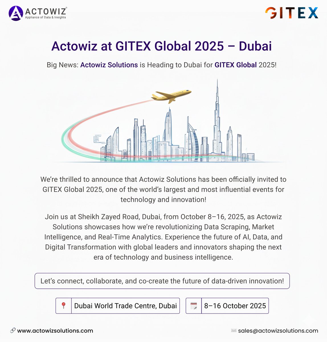 actowizsolution's tweet image. 🚀 Actowiz Solutions is heading to #GITEXGlobal2025 – Dubai!

Join us from Oct 8–16, 2025 at the Dubai World Trade Centre as we showcase the future of Data Scraping, AI, and Digital Transformation.

#ActowizSolutions #GITEXDubai #AI #BigData #Innovation #DataIntelligence #UAE
