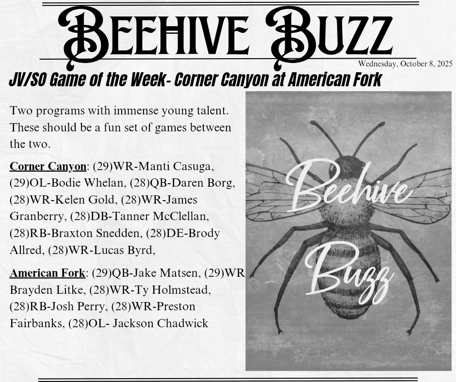 Andy_Pham1's tweet image. 🚨The @BeehiveBuzz_& @PrepRedzoneUT JV/SO Game of the Week🚨
I'll be on the field for @CCHSFOOTBALL_ at @cavemanfootball
Key prospects:
@jake_matsen(#1 overall prospect of the 2029 class)
@MantiCasuga(Top 8 prospect in the 2029 class)
Others:
@bodie_whelan
@TMcclellanCCHS