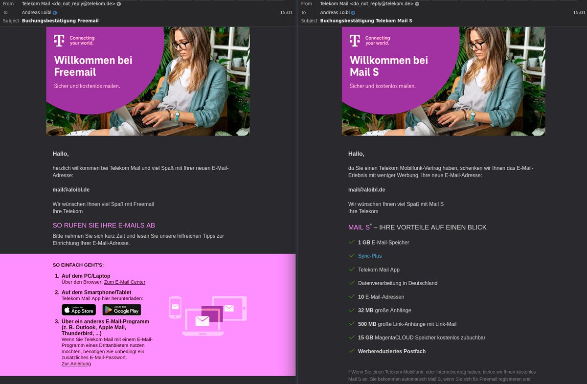 Hey <a href="/deutschetelekom/">Deutsche Telekom</a> eure Welcome-Emails die ihr verschickt verwenden die falsche E-Mail-Adresse (da sollte bestimmt eigentlich irgendwas@t-online.de stehen, nicht meine von mir selbst gehostete, so macht das gar keinen Sinn)