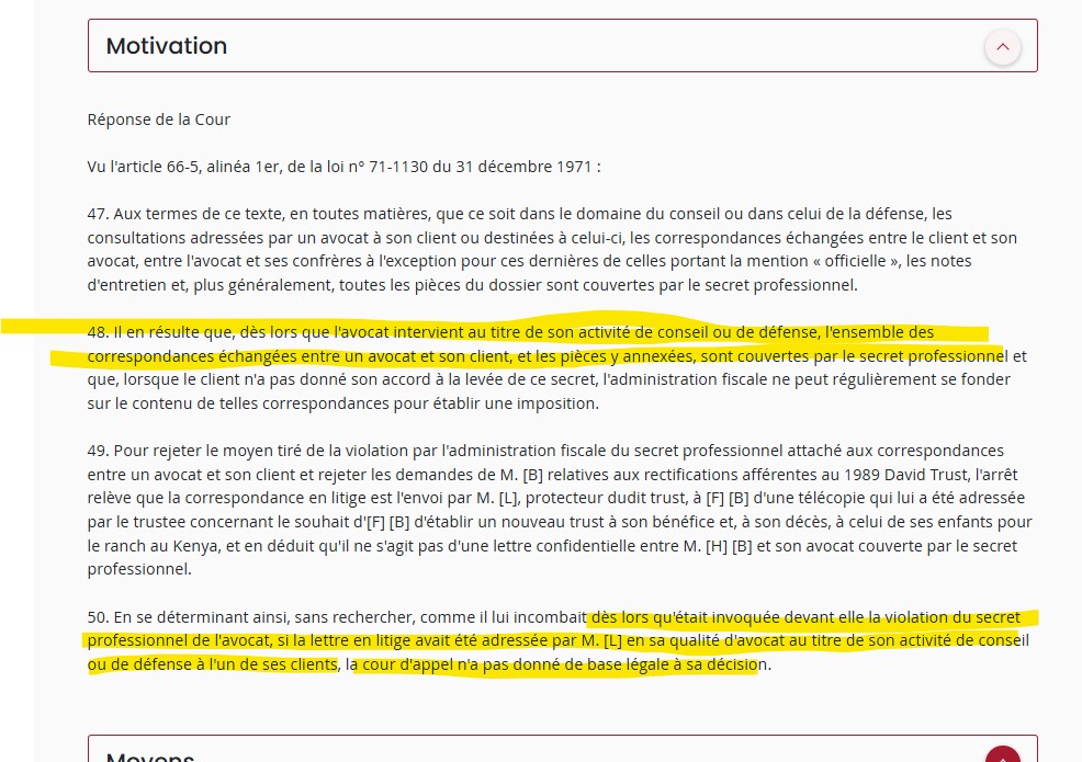 Trés long et passionnant arrêt du jour de la chambre commerciale, qui ravira les amoureux des trusts ou d'art, au milieu duquel se niche un utile point sur le secret professionnel de l'avocat en matière de redressement fiscal : courdecassation.fr/decision/68e5f…