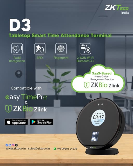 zk_india's tweet photo. Redefining #TimeAttendance Management!
With the #D3 Tabletop Biometric Terminal, managing attendance is now faster, smarter and more effective alongside #easyTimePro and #ZKBioZlink.
For more info, visit: https://t.co/iAHZrBArMO
Mail: sales@zkteco.in
WhatsApp: +91 9980154338 https://t.co/VNYyg9Co1U