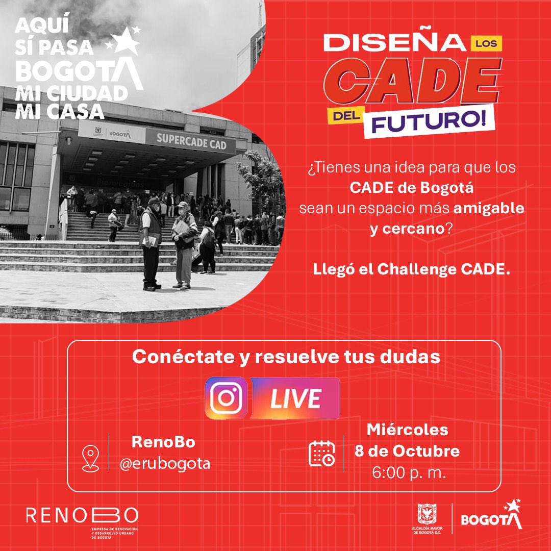 RenoBo_Bogota's tweet image. ¿Tienes una idea para transformar los CADE de Bogotá? 💡
Conéctate hoy al #InstagramLive de @erubogota y resuelve todas tus dudas sobre el #ChallengeCADE 🏙️
🗓️ Miércoles 8 de octubre
🕕 6:00 p.m.
