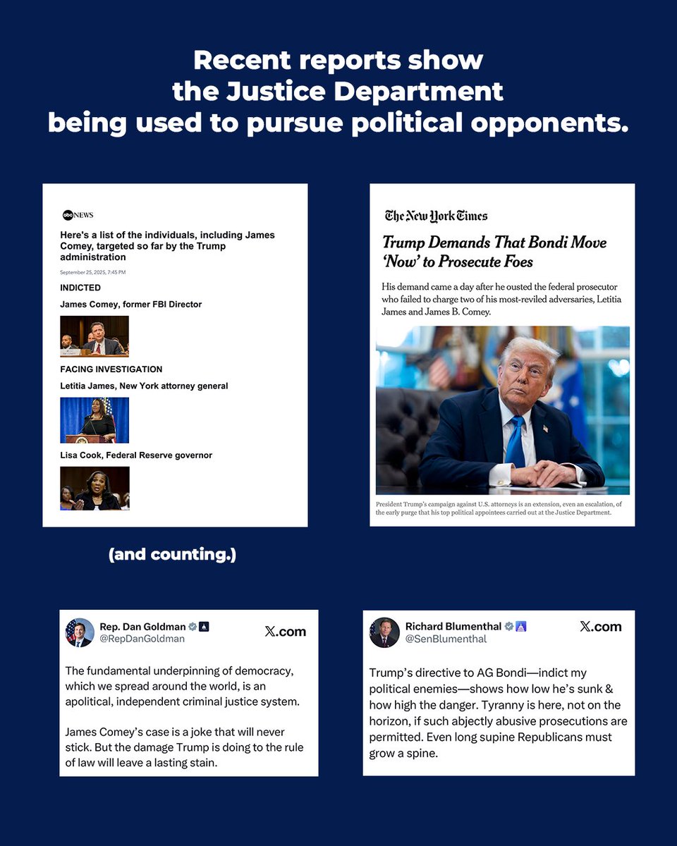 RepDanGoldman's tweet image. Donald Trump has turned the DOJ into a political weapon against his opponents and a green light for corruption by his friends and allies. The Preventing Political Prosecutions Act puts guardrails in place to stop this abuse of power and to protect our democracy. 
 
Swipe to learn…