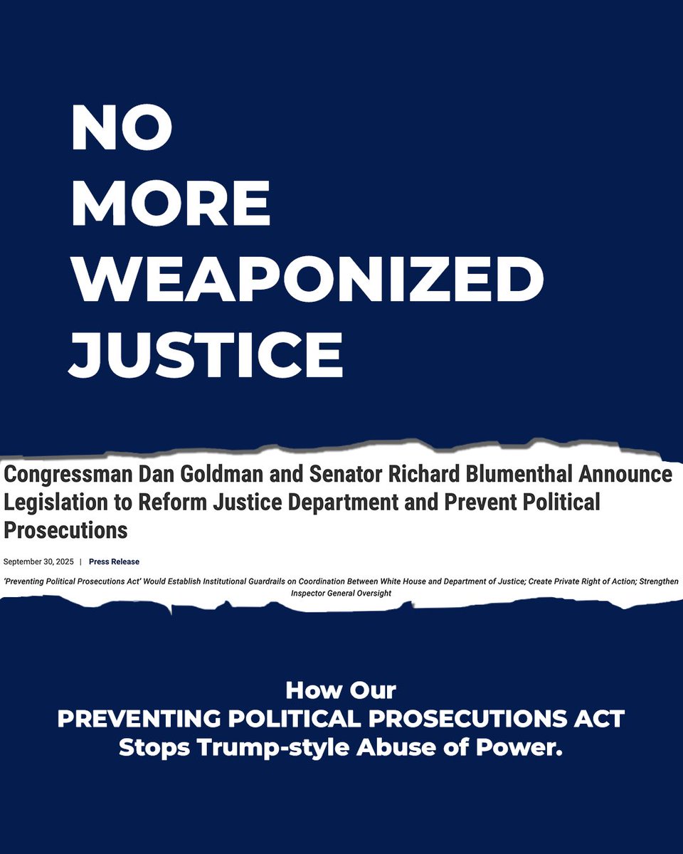RepDanGoldman's tweet image. Donald Trump has turned the DOJ into a political weapon against his opponents and a green light for corruption by his friends and allies. The Preventing Political Prosecutions Act puts guardrails in place to stop this abuse of power and to protect our democracy. 
 
Swipe to learn…