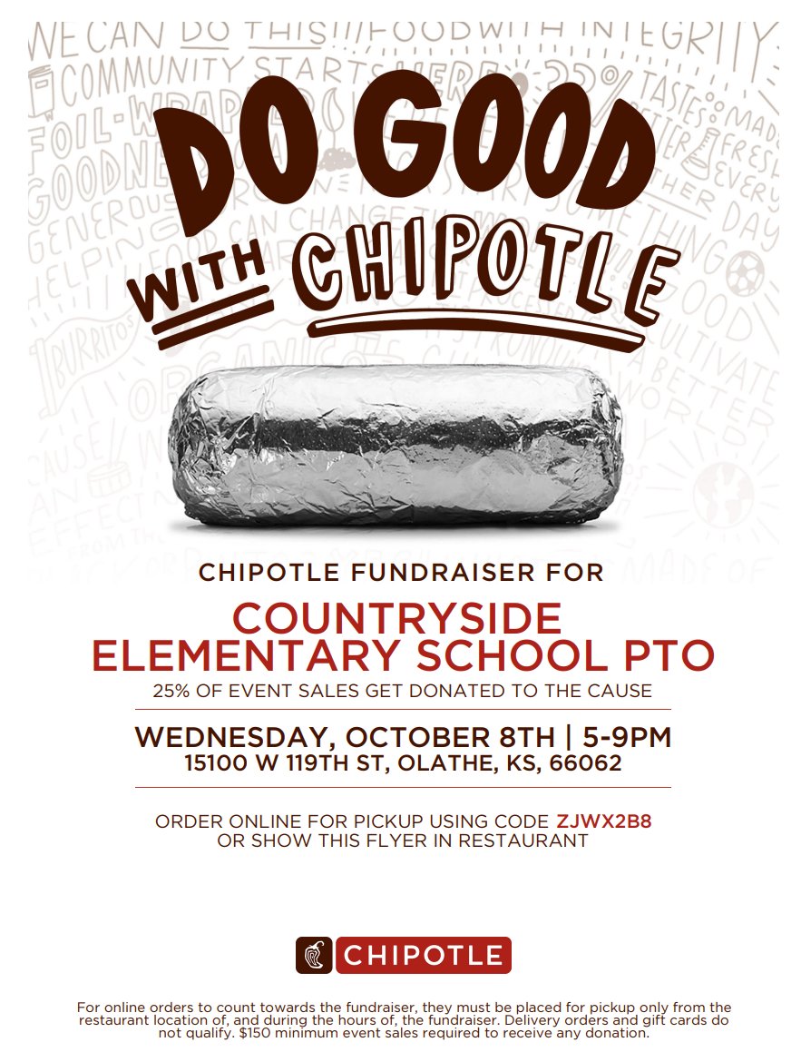 CS_Cardinal's tweet image. Just a friendly reminder today is CS PTO Chipotle fundraiser day from 5-9 pm with Chipotle donating 25% of sales back to the Countryside PTO.  Flyers are attached.  If you choose to order online, the ordering code is ZJWX2B8.