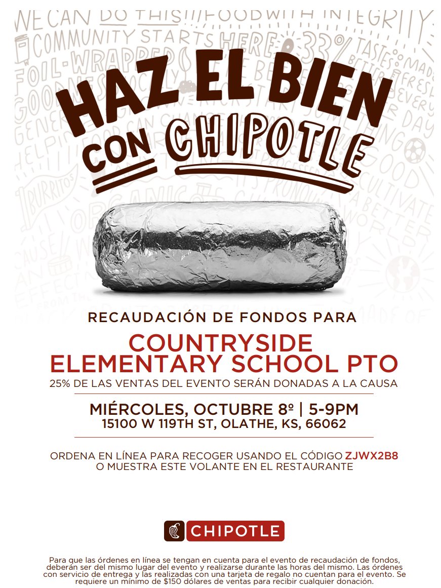 CS_Cardinal's tweet image. Just a friendly reminder today is CS PTO Chipotle fundraiser day from 5-9 pm with Chipotle donating 25% of sales back to the Countryside PTO.  Flyers are attached.  If you choose to order online, the ordering code is ZJWX2B8.