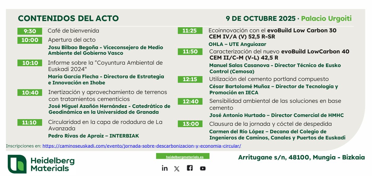 📣¡A punto para la 2ª Jornada sobre #Descarbonización y #EconomíaCircular!
Mañana jueves 9 octubre en Palacio Urgoiti #Mungia #Bizkaia hablaremos de CO2, CCUS, circularidad y soluciones innovadoras #evoBuild #evoZero para una construcción baja en carbono
📲caminoseuskadi.com/evento/jornada…