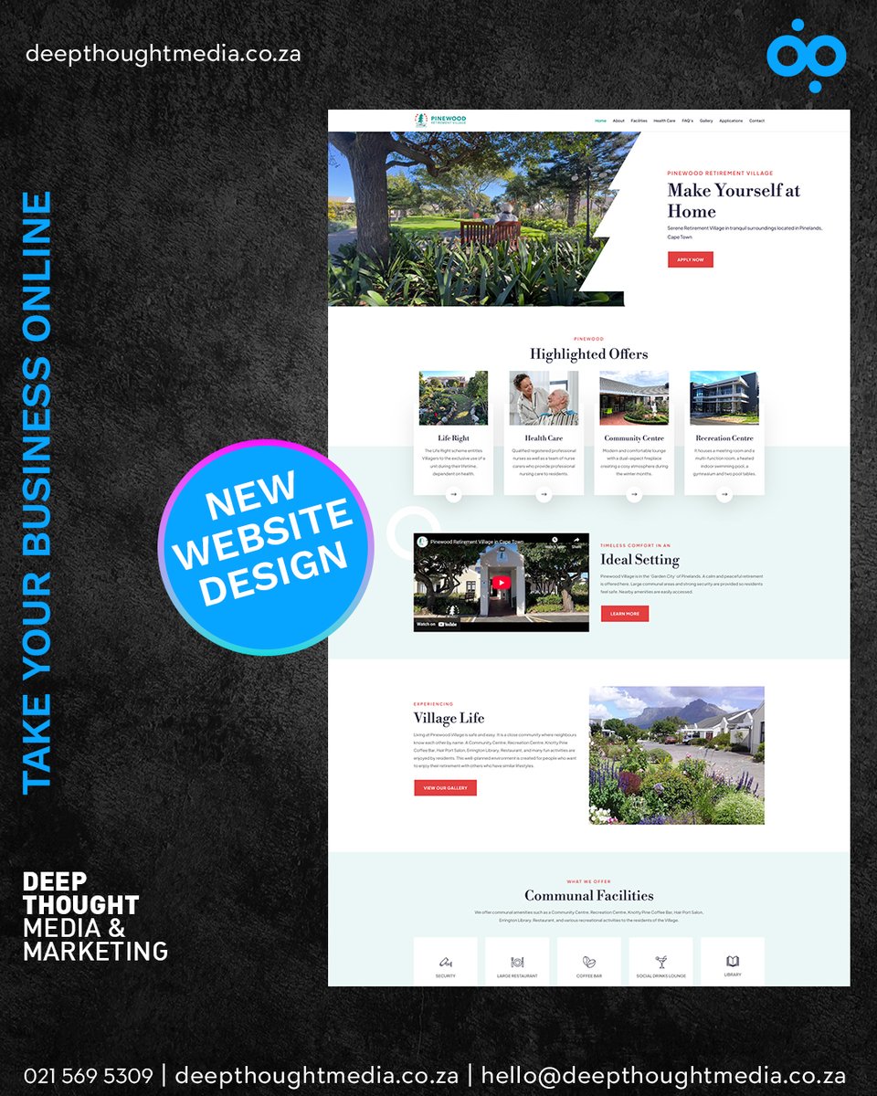 DigitalDTM's tweet photo. We’re proud to unveil the new website for Pinewood Retirement Village. Need a #websitedesigner for your project? Let's talk
hello@deepthoughtmedia.co.za
Tel: 021 569 5309
https://t.co/cxT1AnoZk1
#webdesign #websitedesignercapetown https://t.co/HQbg6lnjf9