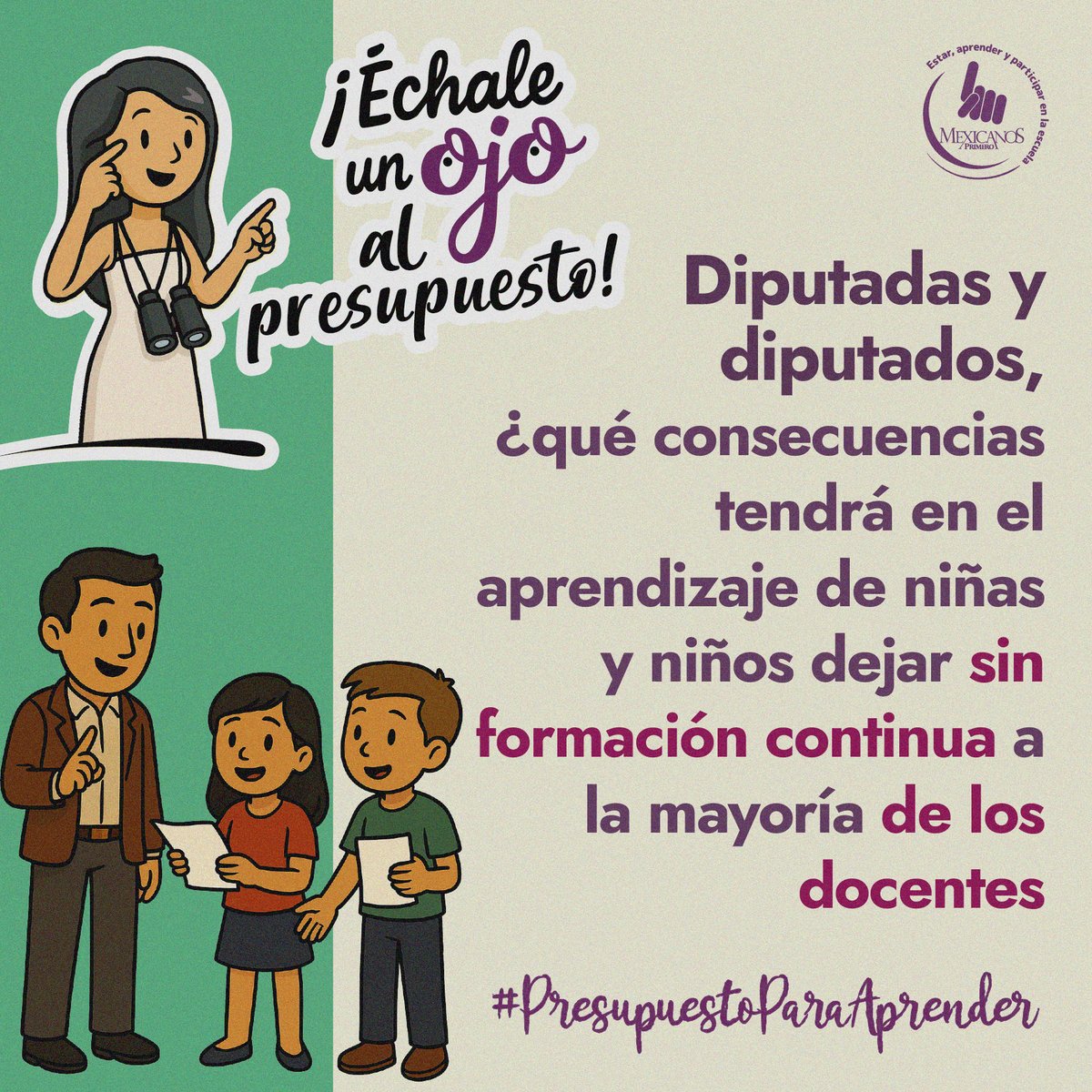 #PresupuestoParaAprender #AprenderImporta
Para 2026, los recursos que se proponen en el Proyecto de Presupuesto alcanzarán para que solo 4 de cada 100 maestras y maestros reciban formación continua para implementar la Nueva Escuela Mexicana. Se deja fuera al 96% del magisterio.
