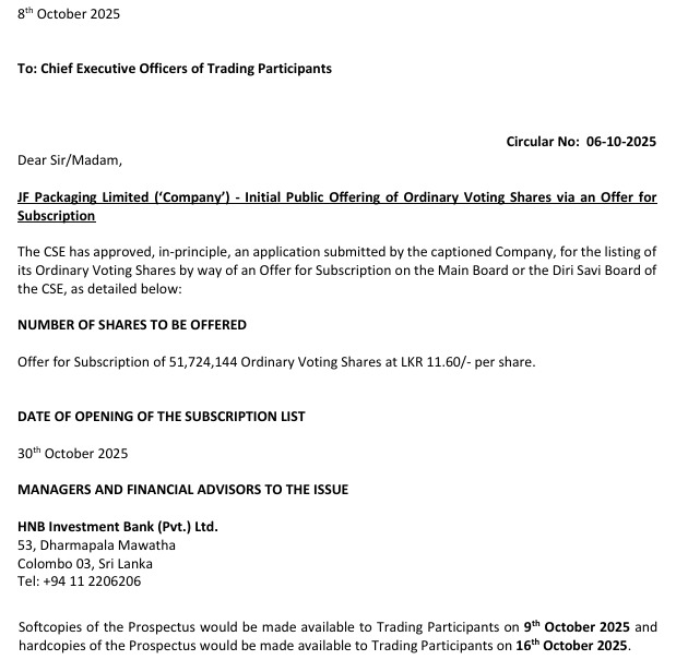 Channa_Amare's tweet image. JF Packaging (JFP) Rs600 mn IPO opens on #CSE #lka on 30 Oct 2025

51.7 mn shares @ Rs11.6 per share

JFP is a 100% owned subsidiary of #LCEY

Provides flexible packaging solutions for food and personal care sectors

➡️ Indirect play on FMCG sector and domestic/export consumption