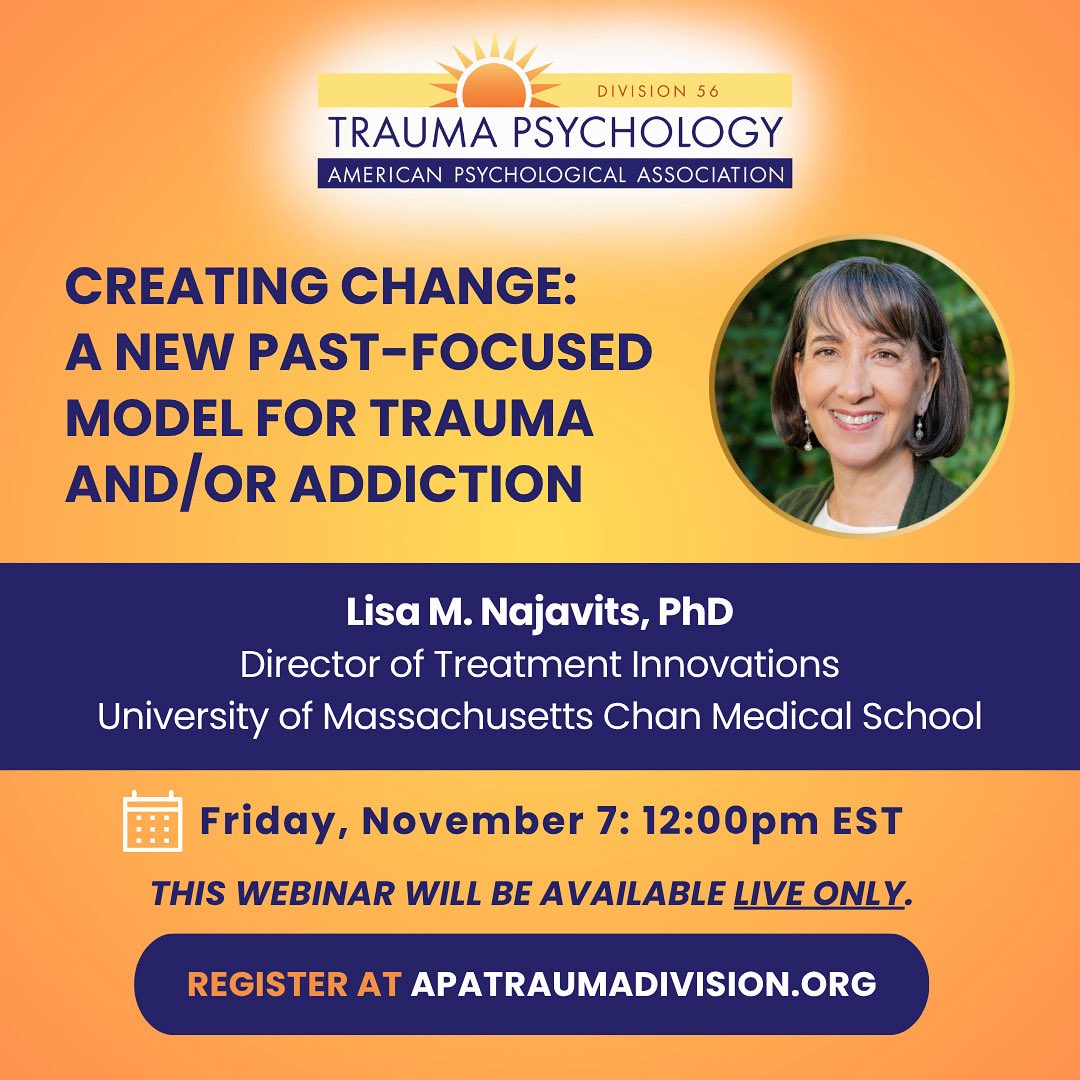 Join us for a free webinar titled- Creating Change: A New Past-Focused Model For Trauma And/Or Addiction with Lisa Najavits, PhD on November 7 at 12:00pm EST. #trauma #traumapsychology #psychotherapy #addiction #psychology 

apadiv56.talentlms.com/plus/catalog