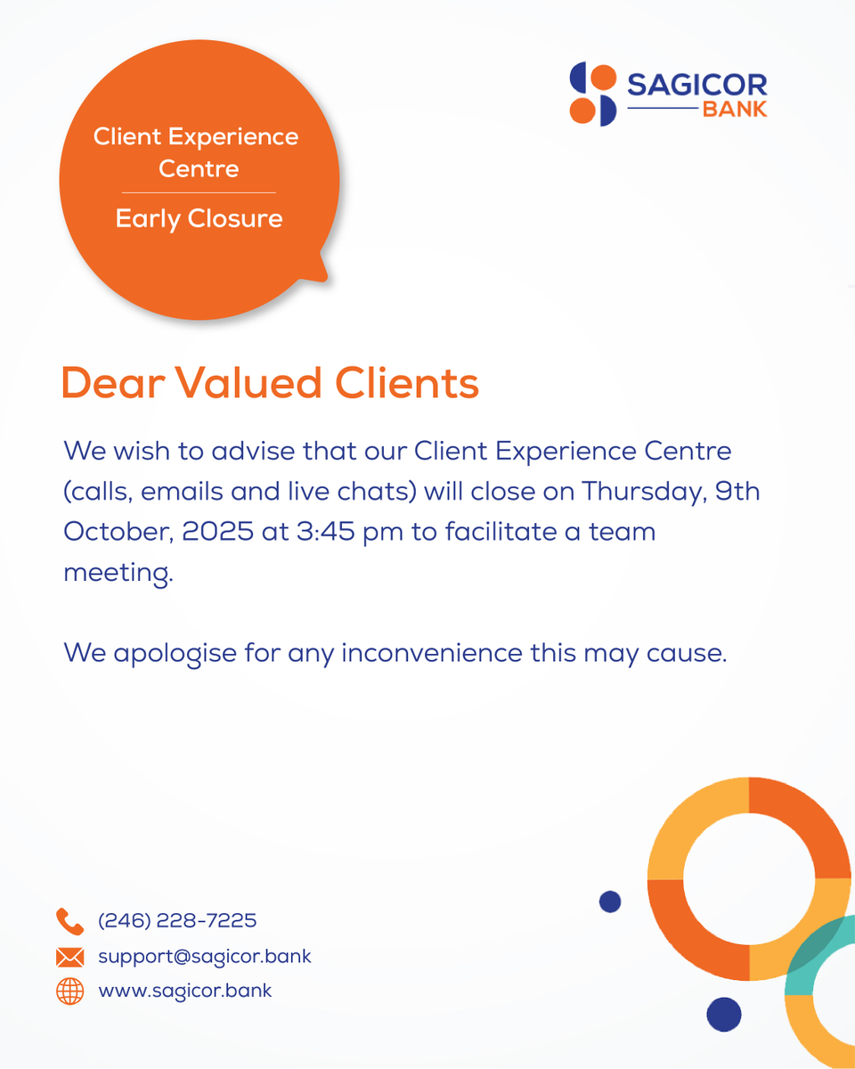 Dear Valued Clients

We wish to advise that our Client Experience Centre (calls, emails and live chats) will close on Thursday, 9th October, 2025 at 3:45 pm to facilitate at team meeting.

We apologise for any inconvenience this may cause.