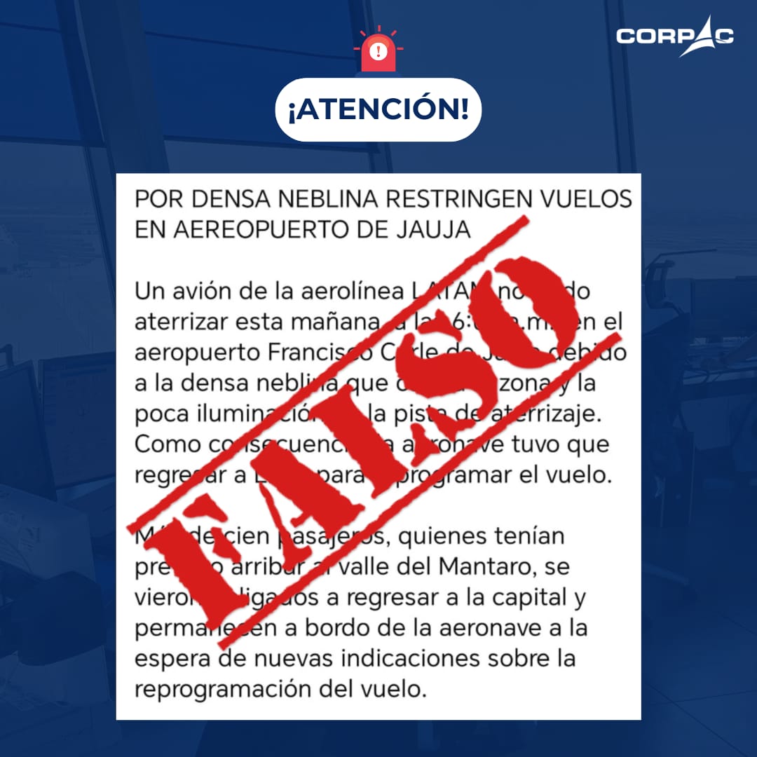 Ante la siguiente publicación, CORPAC indica que la información es totalmente falsa. Los vuelos en el aeropuerto Francisco Carlé se encuentran operando en su totalidad. 

Toda información relacionada a la operatividad de los aeropuertos es difundida por nuestros canales.