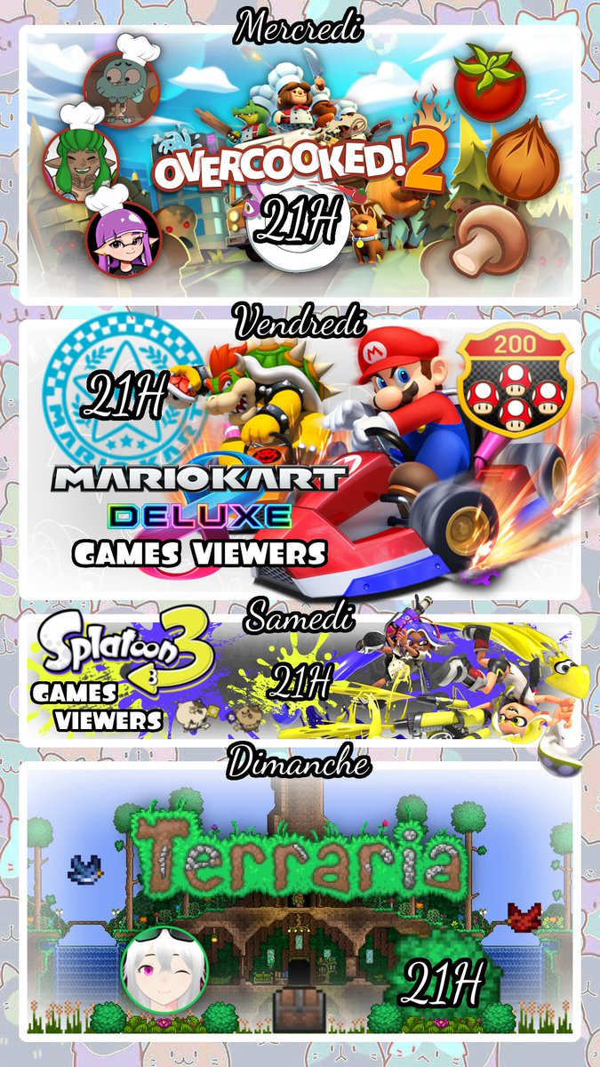 Planning du 6 au 12 octobre !!

COUCOU TOUT LE MONDE !!
J'espère que vous allez bien :3
Je reviens après deux semaines de disparition et je m'en excuse
J'ai été sacrement malade et je le suis encore lol
Bonne semaine à tous !! 

#Nintendo #NintendoSwitch #Splatoon3 #MarioKart