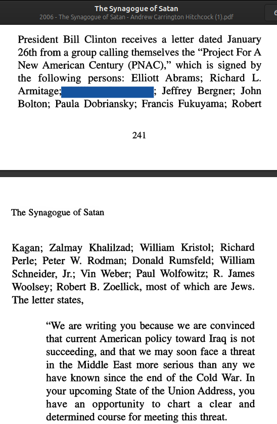 FourNinesFineK9's tweet image. Apparently WJB also signatory of PNAC letter to President Clinton about🇮🇶on January 26 1998.

For clarity:
#GulfWar (1990-1991)
#POTUS42 (1993-2001)
#IraqWar (2003-2011)