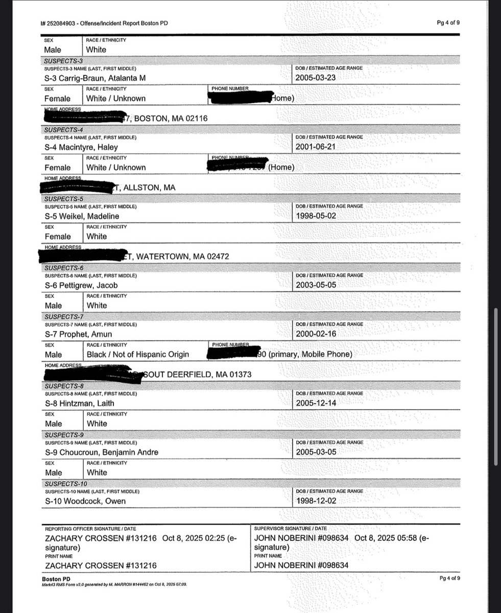 BREAKING:

Here's BPD incident report from last night's hippie-Muslim riots downtown protesting Israel's response to genocidal Nazi attacks 2 years ago.

Nice, peaceful Democrats. Note the names.