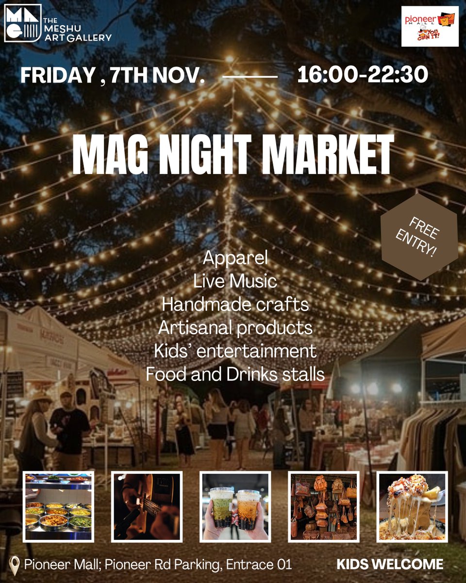 We’re bringing something new to Maseru! 
The first MAG Night Market at Pioneer Mall - good food, music, crafts &amp; good vibes!

🗓️ 7 Nov |  16:00–22:30
📍 Entrance 01 Parking |  Free Entry
#pioneermall #Maseru #Lesotho #meshuartgallery #nightmarket #foodie #art #localbusiness