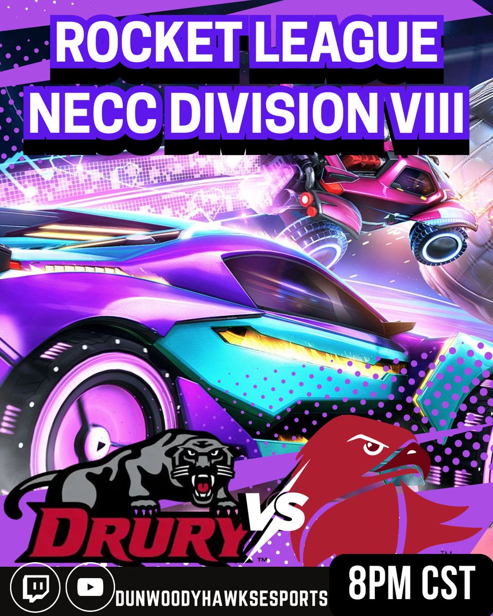 DunwoodyHawks's tweet image. TONIGHT ROCKET LEAGUE PLAYS AT 8PM AGAINST @DruryEsports !

#esports #dunwoodycollege #borntodo #RocketLeague