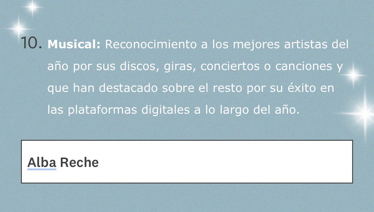 Se pueden sugerir personas en las categorías de los Premios Ídolos de Argentina, así que sugiramos a Alba Reche 🧡

🔗 es.surveymonkey.com/r/NTGSTPT