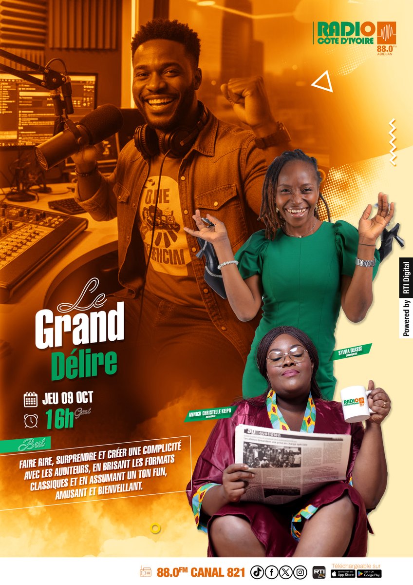 #LeGrandDélire de ce Mercredi 08 Octobre 2025 à 𝟏𝟔𝐡 𝐆𝐌𝐓 avec Annick Christelle KEIPO et 𝐃𝐞𝐚𝐬𝐬𝐞 𝐒𝐲𝐥𝐯𝐢𝐚 
🎙️ Préparez-vous à rire, jouer et participer ! 😄🔥

Restez branchés sur :
👉 📻 88.0 FM
👉 🌐rti.ci
👉 📺 bouquet Canal+ 821