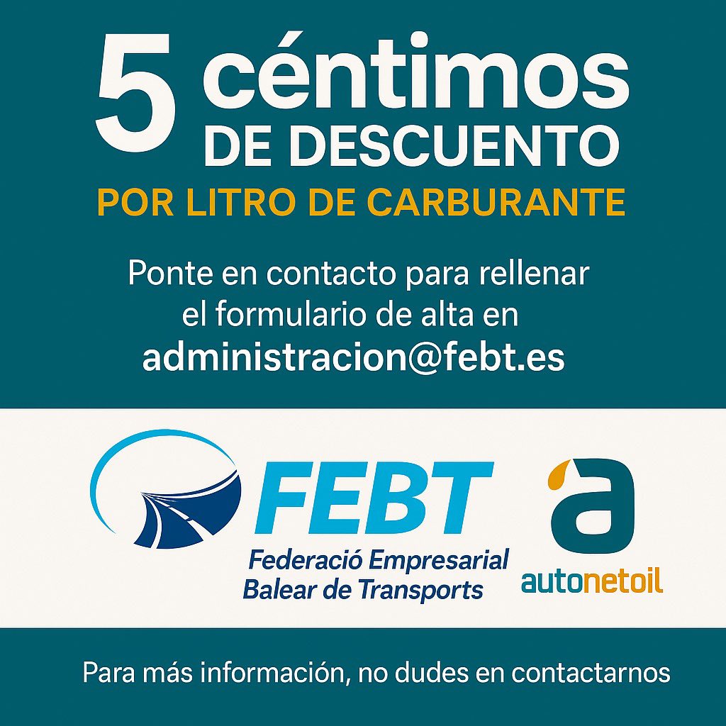 🔊Tenemos una gran noticia: Hemos firmado un convenio de colaboración con <a href="/autonetoil/">Autonetoil</a> 

⛽️ Si estáis asociados a la <a href="/FEBTbaleares/">FEBT</a> , tendréis un descuento de 5 céntimos por cada litro de carburante. 

¡Pregúntanos y apúntante!