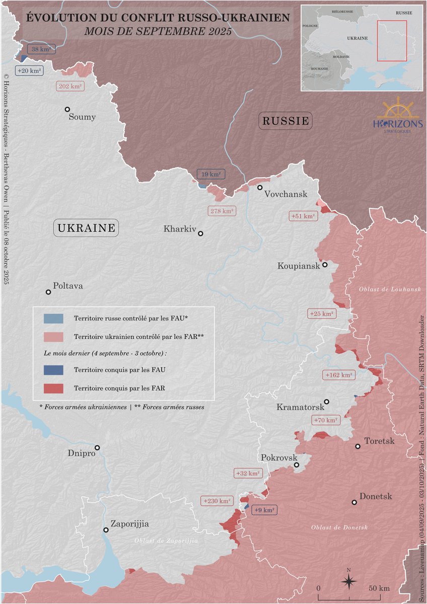 horizons_strat's tweet photo. 🇺🇦🇷🇺 Ukraine/Russie : bilan mensuel du conflit pour le mois de septembre

1⃣ Avancée russe dans l'oblast de Dnipropetrovsk
2⃣ Stabilisation du front autour de Pokrovsk
3⃣ Gains marginaux russes dans le nord de l'oblast de Donetsk https://t.co/4tn699PU5X