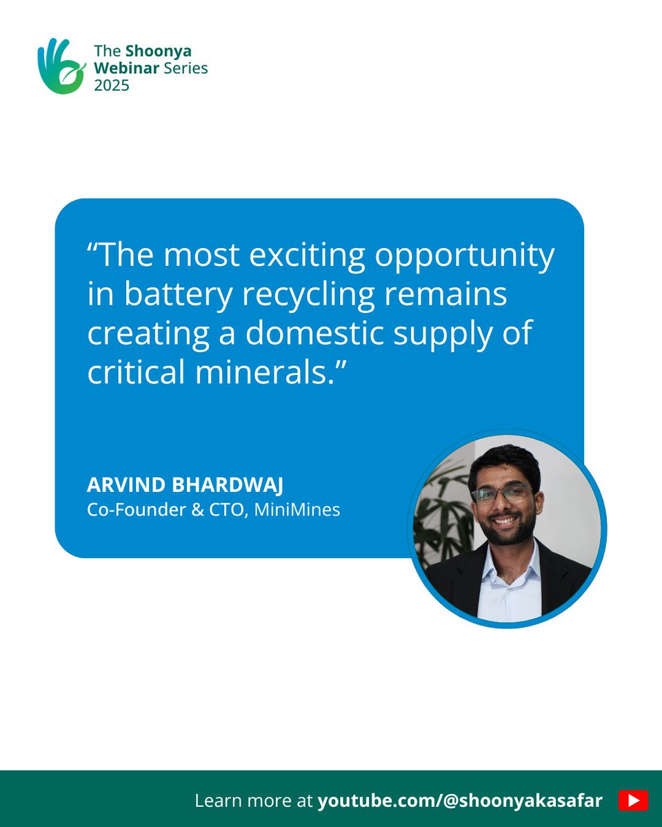 Shoonya_India's tweet image. How can #BatteryRecycling reduce India's dependence on imports and build resilience in our clean energy transition? Arvind Bhardwaj from @MiniMinesPower sheds light on this opportunity in our latest webinar. Watch the full episode to learn more: 
youtu.be/rwpkAE09siA