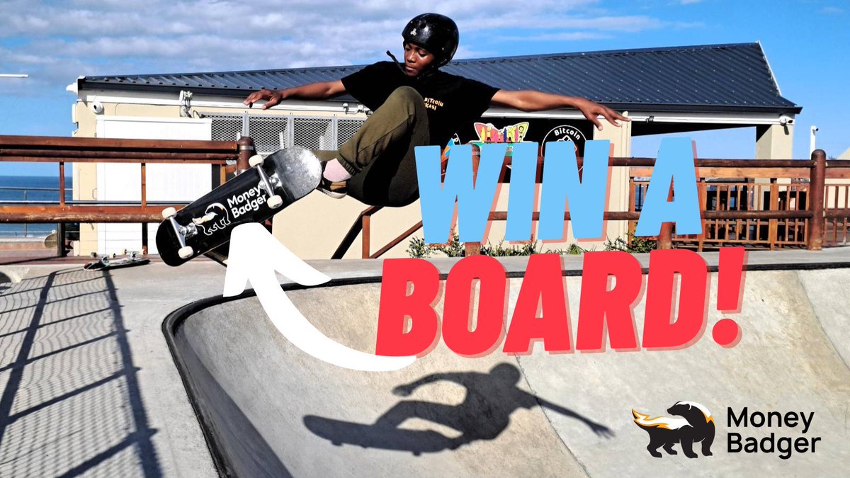 WIN A SKATEBOARD!!!🛹🤩

Stand a chance to win an awesome skateboard, sponsored by <a href="/MoneyBadgerPay/">Money⚡️Badger</a>, South Africa’s leading Bitcoin payment app making it possible to pay with Bitcoin practically anywhere there’s a QR Code! 

👇👇👇
HOW TO ENTER: 

1. Use the MoneyBadger App to