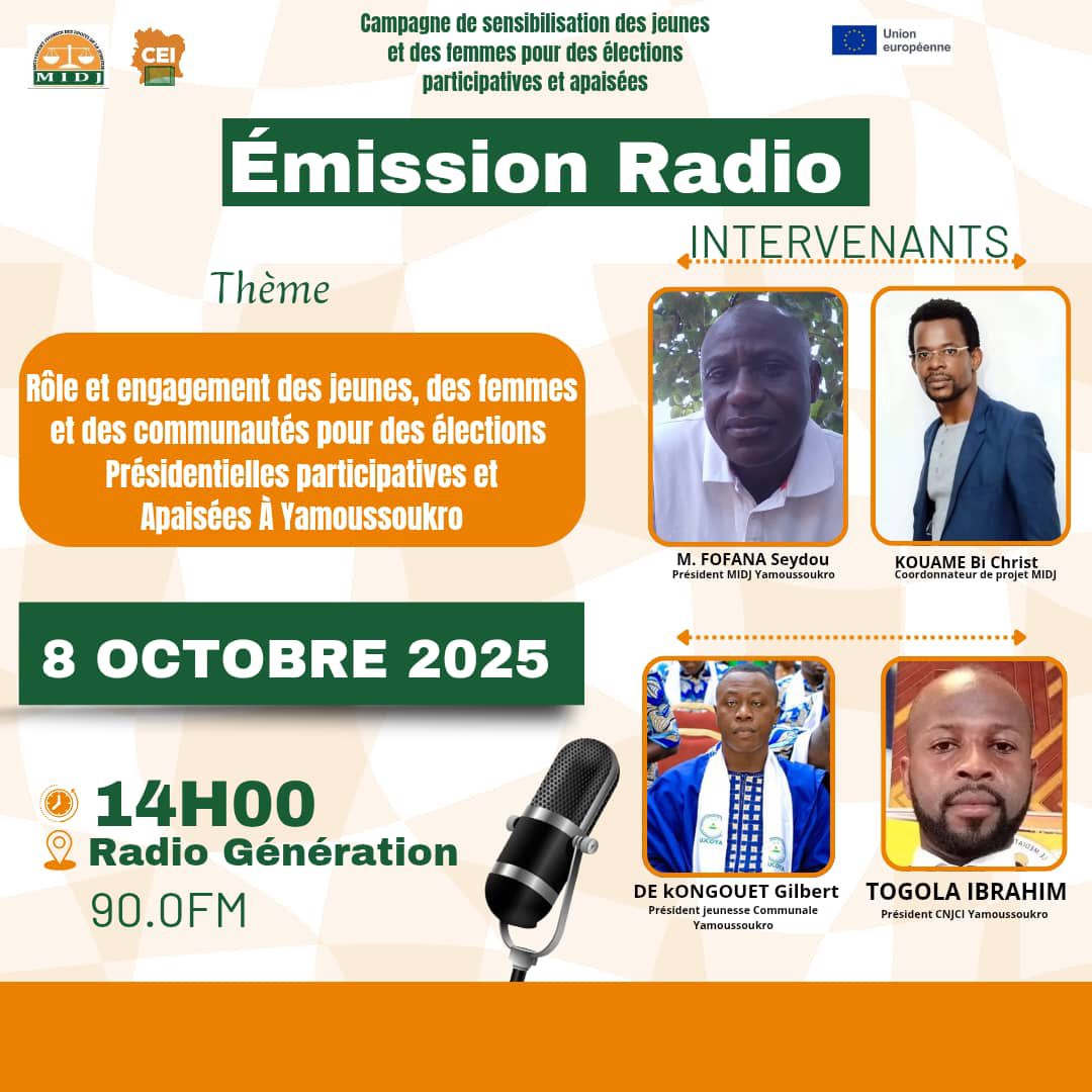 ONG_MIDJ's tweet photo. Et c’est reparti ! Nouvelle session radiophonique sur les 90.0FM ! Le thème reste le même ! Chères populations de #YAMOUSSOUKRO rejoignez nous en direct pour vos questions.
@macei_ci 
#JeunesseEnAction #jeunesse
#Jeunes #femmesfortes
#ÉlectionsApaisées
#ANYAMA
#Yakro #cotedivoire https://t.co/WABL6vpHsX