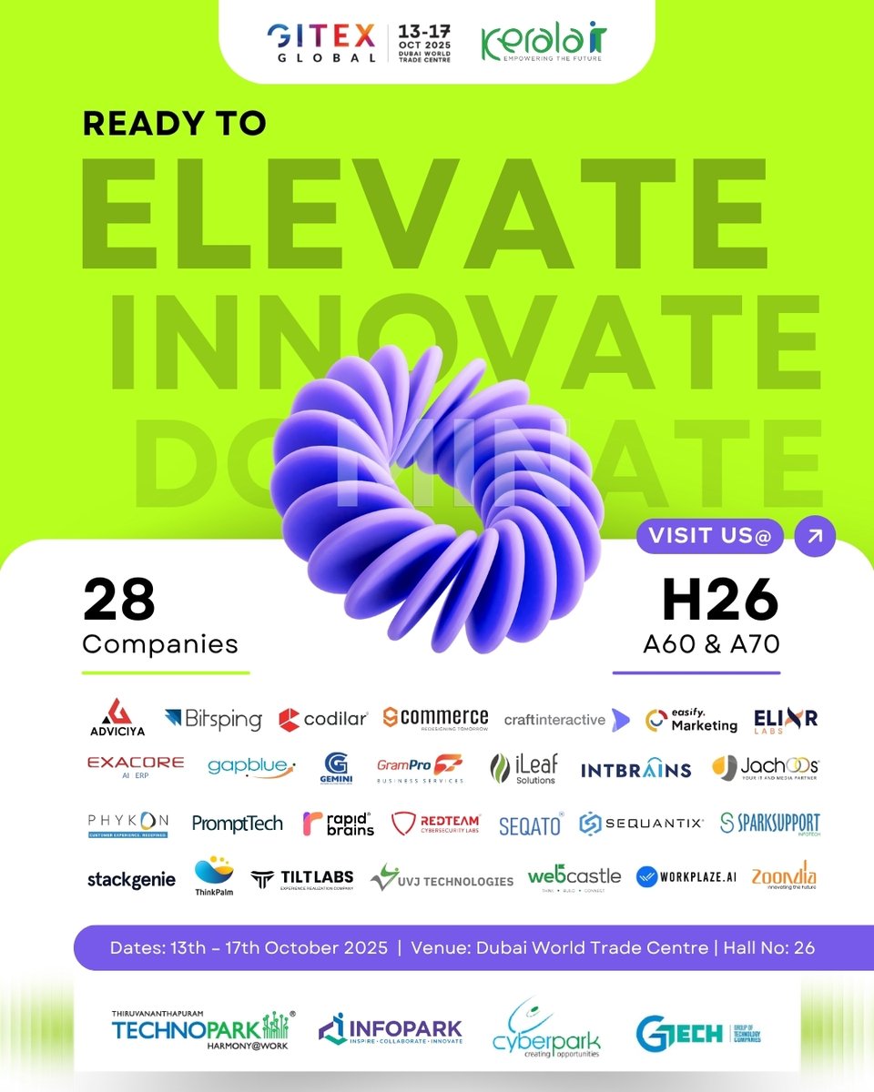 mytechnopark's tweet image. Kerala’s vibrant IT ecosystem takes center stage at #GITEX Global 2025, one of the world’s largest tech expos, held at the Dubai from October 13–17, 2025. Showcasing the state’s innovation and technological prowess, 28 leading companies from Kerala will be  are participating.