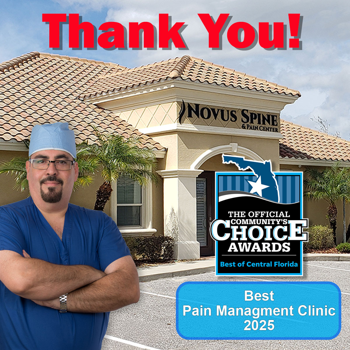 novusspine's tweet photo. Thanks to your incredible support, Novus Spine &amp; Pain Center was first in Central Florida Community's Choice Awards! We couldn't have done this without you. https://t.co/PfiNz1zS3H https://t.co/FhaxhHqE4T