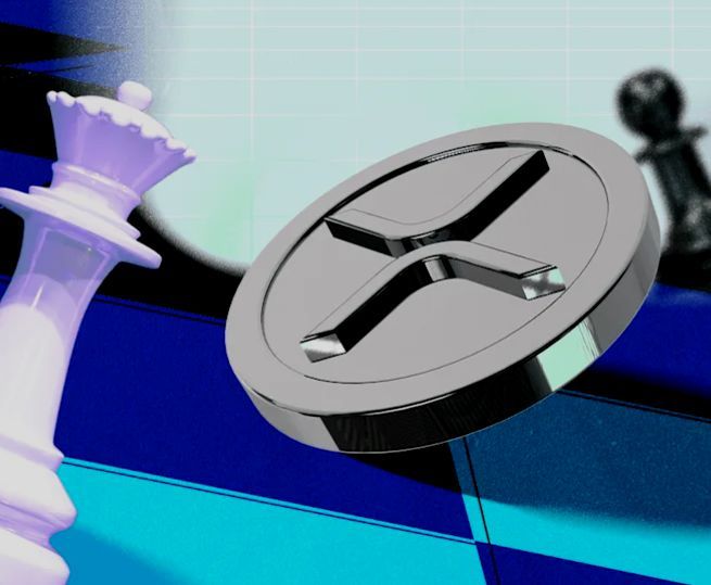 Purple queen chess piece positioned next to a metallic XRP coin logo on a blue and black checkered background resembling a chessboard with glowing effects and metallic reflections on the coin.