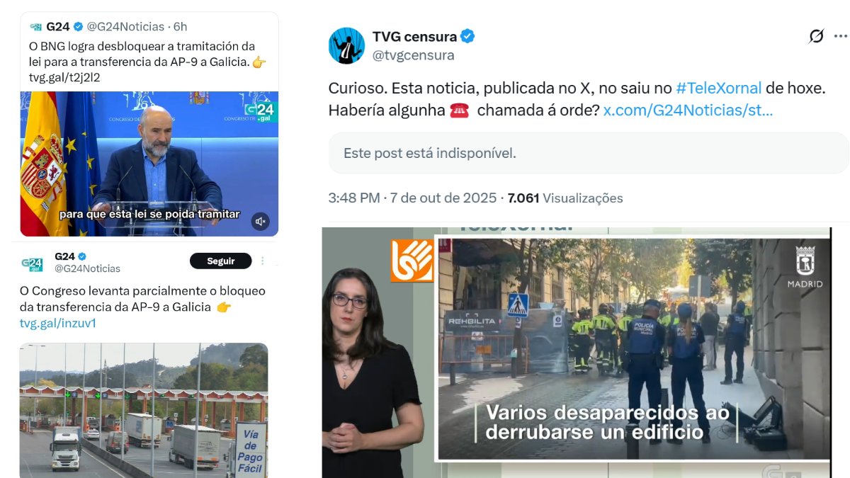 NestorRego's tweet photo. A manipulación da #TVG  ao servizo do PP en 4 imaxes: 1) Recollen a noticia nun post. 2) [Chamada á orde?] Apagan o post. 3) Publican novo post, eliminan referencia ao BNG e 'matizan' alcance, retorcendo o argumento. 4) Ningunha mención no Telexornal. 
#LiberemosAGalega https://t.co/xENAmqKAXp