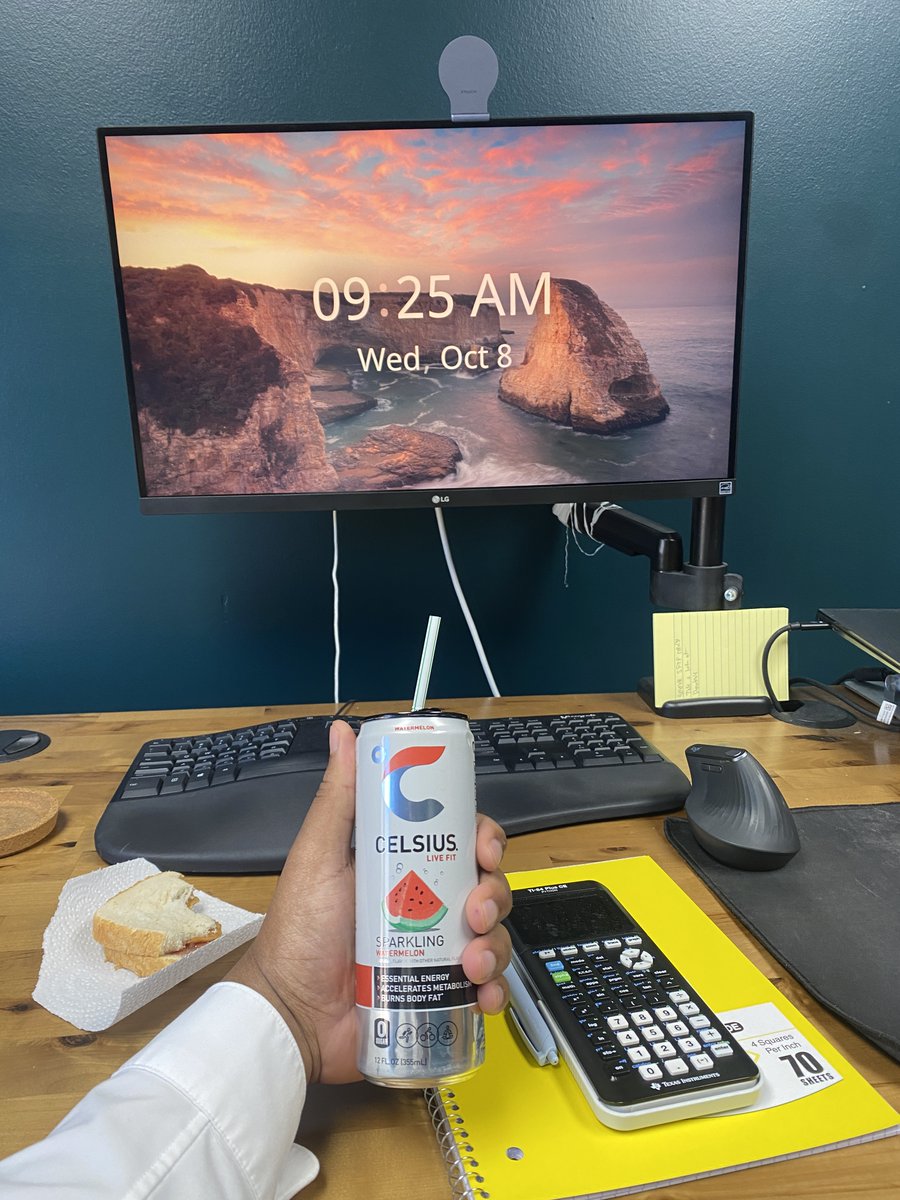 sayidislearning's tweet image. Morning.

Doing some mathacademy &amp;amp; system design before wagie. 

PB &amp;amp; J sandwich with a Celsius.

Breakfast of champions.
