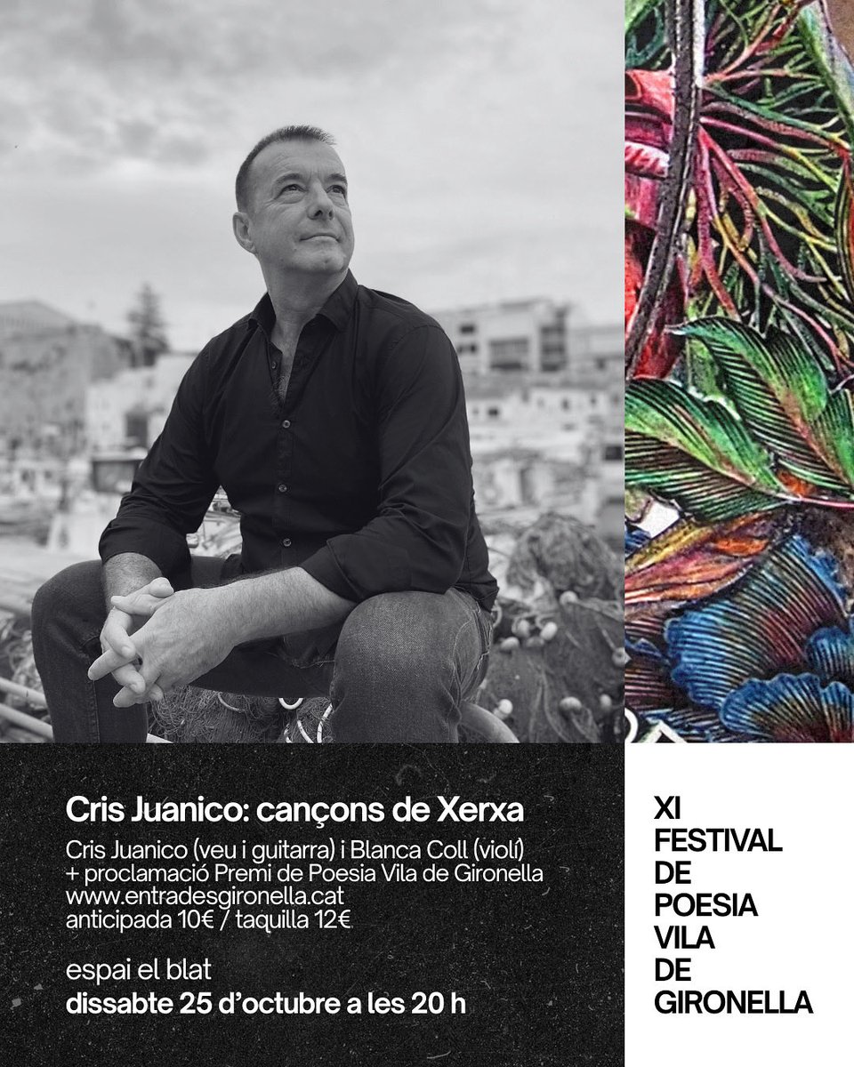 25/10 🌊 Cris Juanico: Cançons de Xerxa

Cris Juanico (veu i guitarra) i Blanca Coll (violí) presenten cançons fetes a partir de poemes de Pere Xerxa, pseudònim de Joan F. López Casasnovas

👉 entradesgironella.cat

#poesiagironella #gironella #berguedà