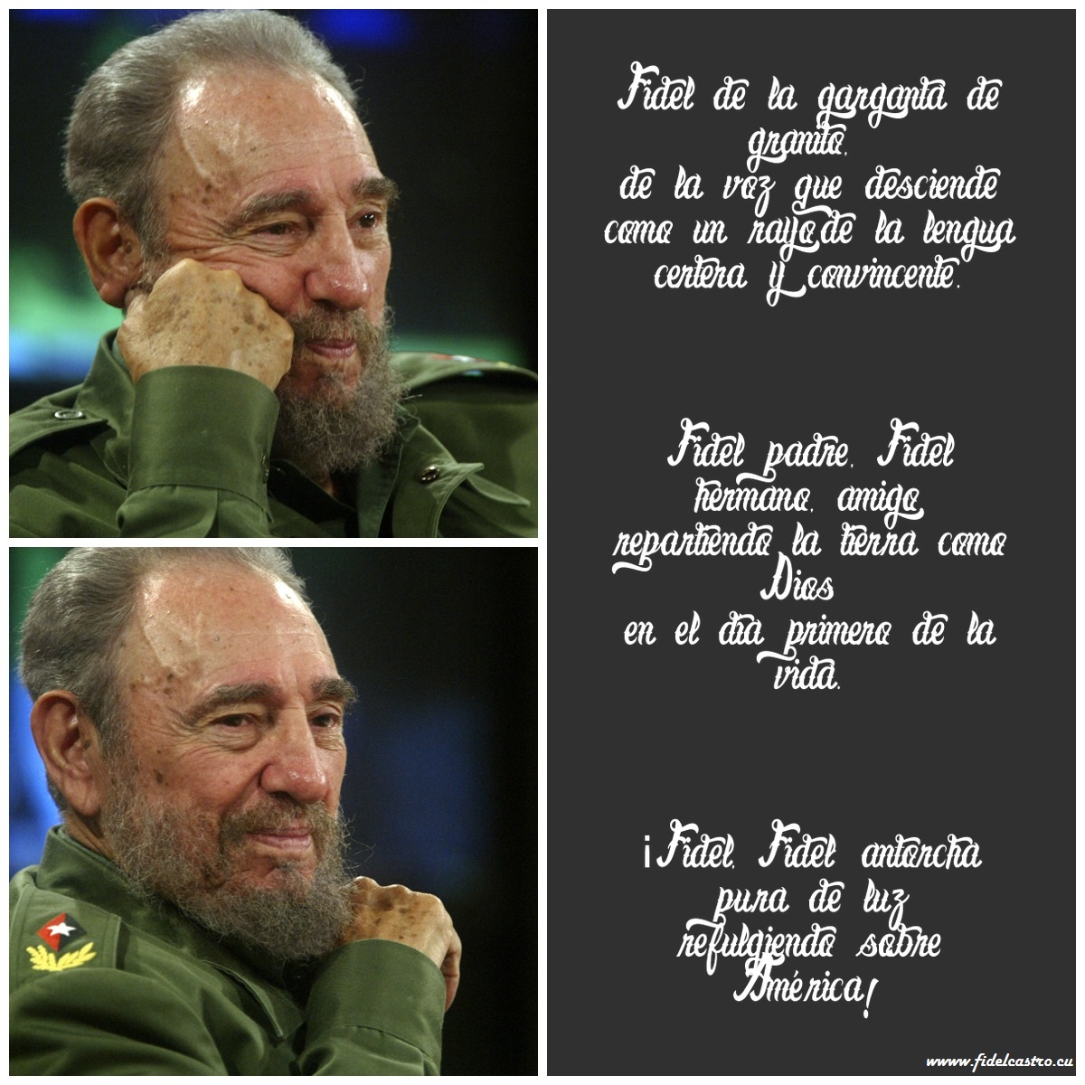 FSoldadodeIdeas's tweet image. ✍️Poema : "Cuba en el corazón"
Fidel de la garganta de granito,
de la voz que desciende como un rayo,
de la lengua certera y convincente.
Fidel padre, Fidel hermano, amigo,
repartiendo la tierra como Dios
en el día primero de la vida.
bit.ly/2wM6vQG
#100AñosConFidel