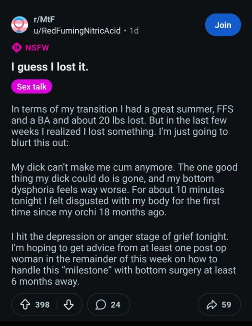 HazelAppleyard's tweet photo. “I l took female hormones and cut my balls off. Why doesn’t my d!ck work anymore?!” https://t.co/7bdHR9WCPS