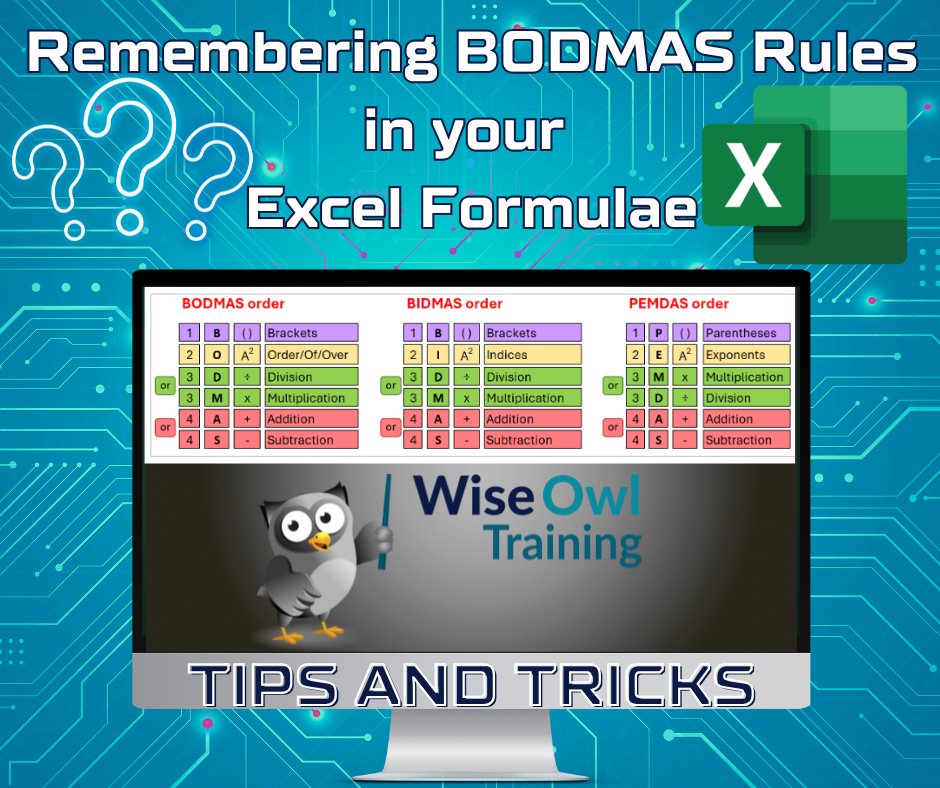 wiseowltraining's tweet image. When writing Excel formulas, it's easy to forget that computers don't calculate from left to right like our brains do. Instead, they follow the mathematical order of operations known as BODMAS/BIDMAS (or PEMDAS in the USA).
wiseowl.co.uk/excel/tips/for…
#Excel #exceltraining #exceltips