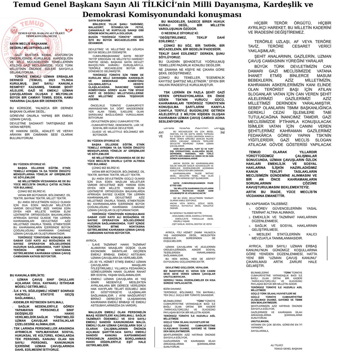Milli Dayanışma, Kardeşlik ve Demokrasi Komisyonu’nda,
Türkiye Emekli Uzman Erbaşlar Derneği (TEMUD) Genel Başkanı Sayın Ali TİLKİCİ, #UzmanÇavuş camiamızın özlük haklarıyla ilgili önemli bir konuşma gerçekleştirmiştir.
<a href="/TEMUD_2024/">TEMUD Türkiye Emekli Uzman Erbaşlar Derneği</a>