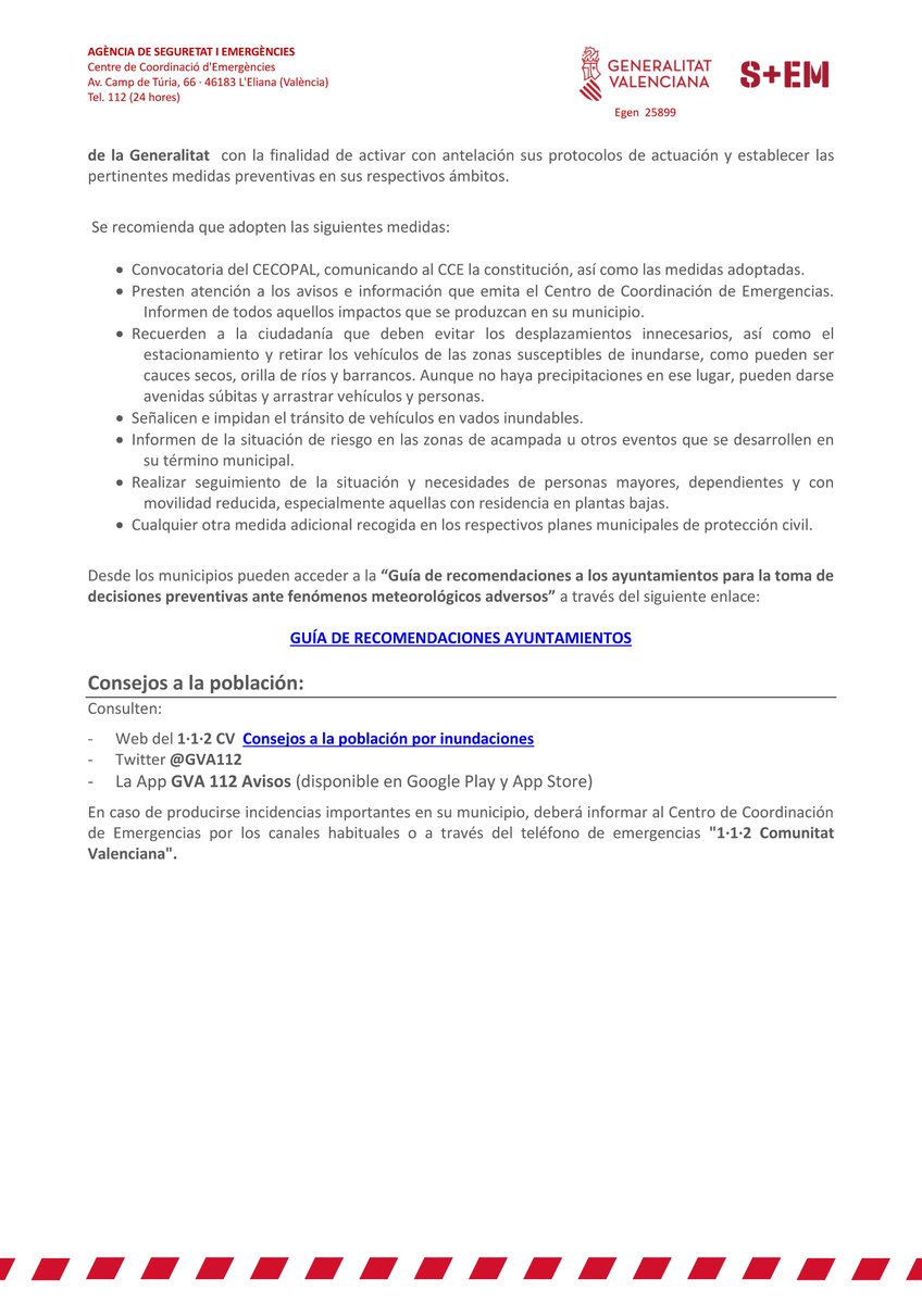 (15:00 h)🚨El Centro de Coordinación de Emergencias de la <a href="/generalitat/">Generalitat</a> emite un nuevo aviso especial ante la llegada de la dana Alice a la Comunitat Valenciana con lluvias intensas y fuertes tormentas, acompañadas de granizo.

🌧️En algunos puntos del litoral de Valencia y