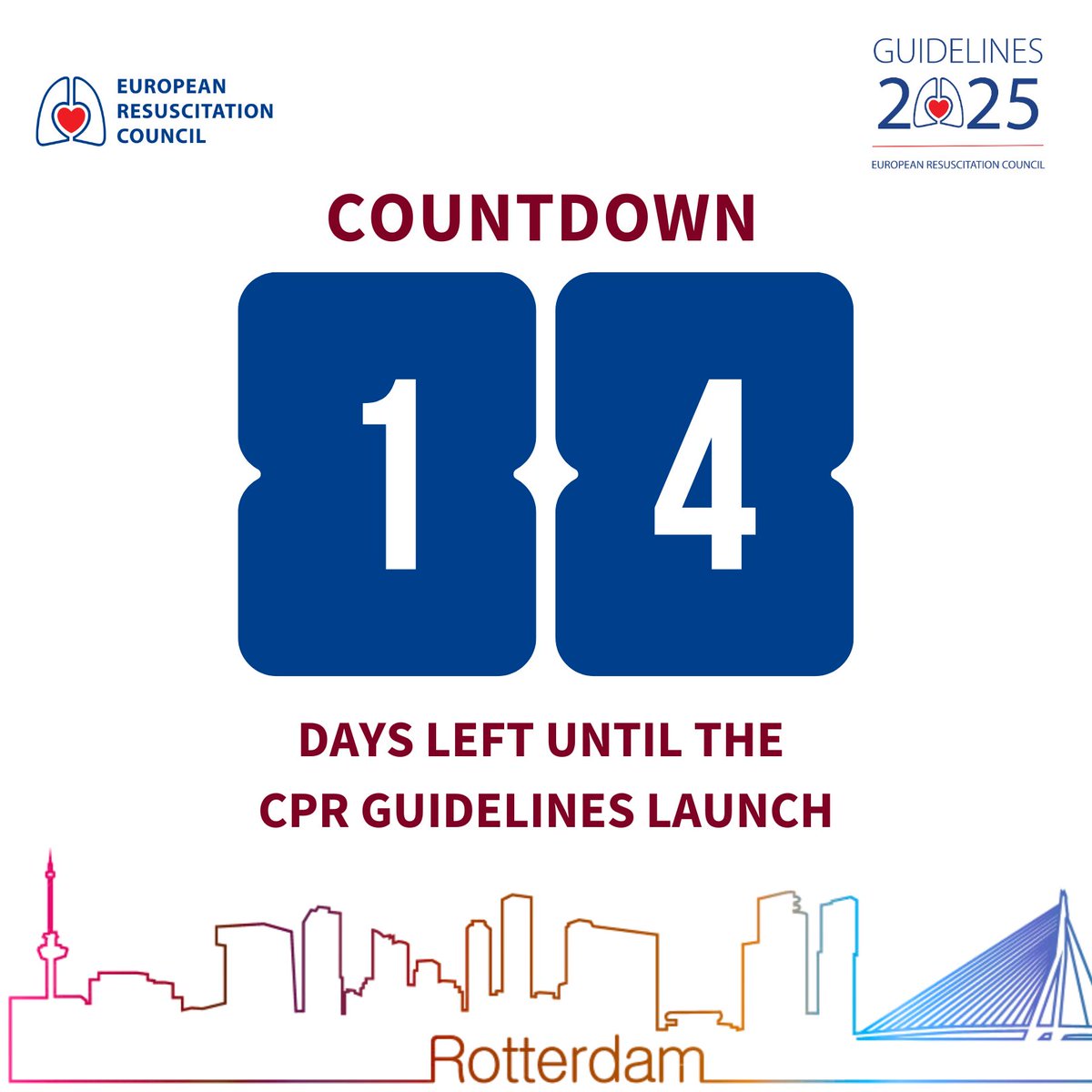 💙 This is the Year of Guidelines, and the ERC is set to unveil its 🫀 CPR guidelines on October 22 in Rotterdam. The tempo is set, and the countdown has begun.
❤️ This year, we have something extraordinary for everyone. Stay inspired and watch this space and the ERC website for
