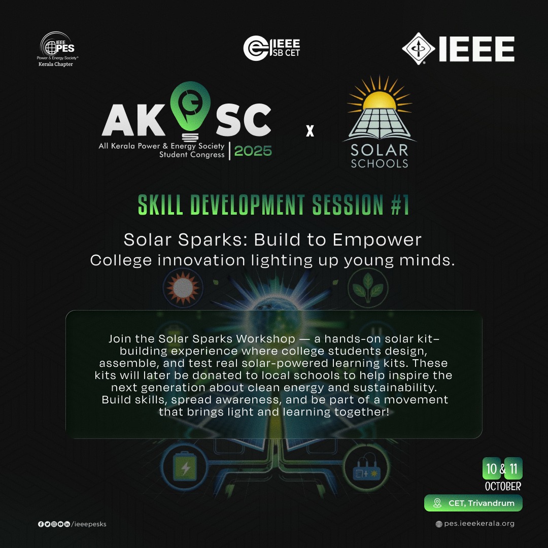 ieeepesks's tweet image. Skill Development Session #1: Solar Sparks – Build to Empower

AKPESSC 2025, in collaboration with Solar Schools, presents Solar Sparks an inspiring hands-on workshop that blends innovation, learning, and sustainability. 

 pes.ieeekerala.org
#SkillDevelopment #akpessc #ieee