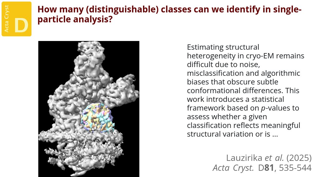 A principled framework is provided for identifying the number of structurally meaningful classes in cryo-EM data sets <a href="/ActaCrystD/">Structural Biology</a> <a href="/IUCr/">IUCr</a> #CryoEM #3DClassification #StructuralHeterogeneity doi.org/10.1107/S20597…