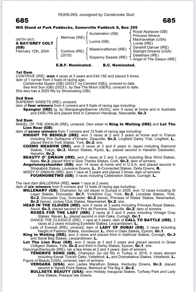 Lot 685 <a href="/Tattersalls1766/">Tattersalls</a> Book 2 is a colt by <a href="/HoStud/">Tally-Ho Stud</a> Mehmas ex Contrive (Rated 91) from the family of Spangler, Knight to Behold &amp; Millenary.
