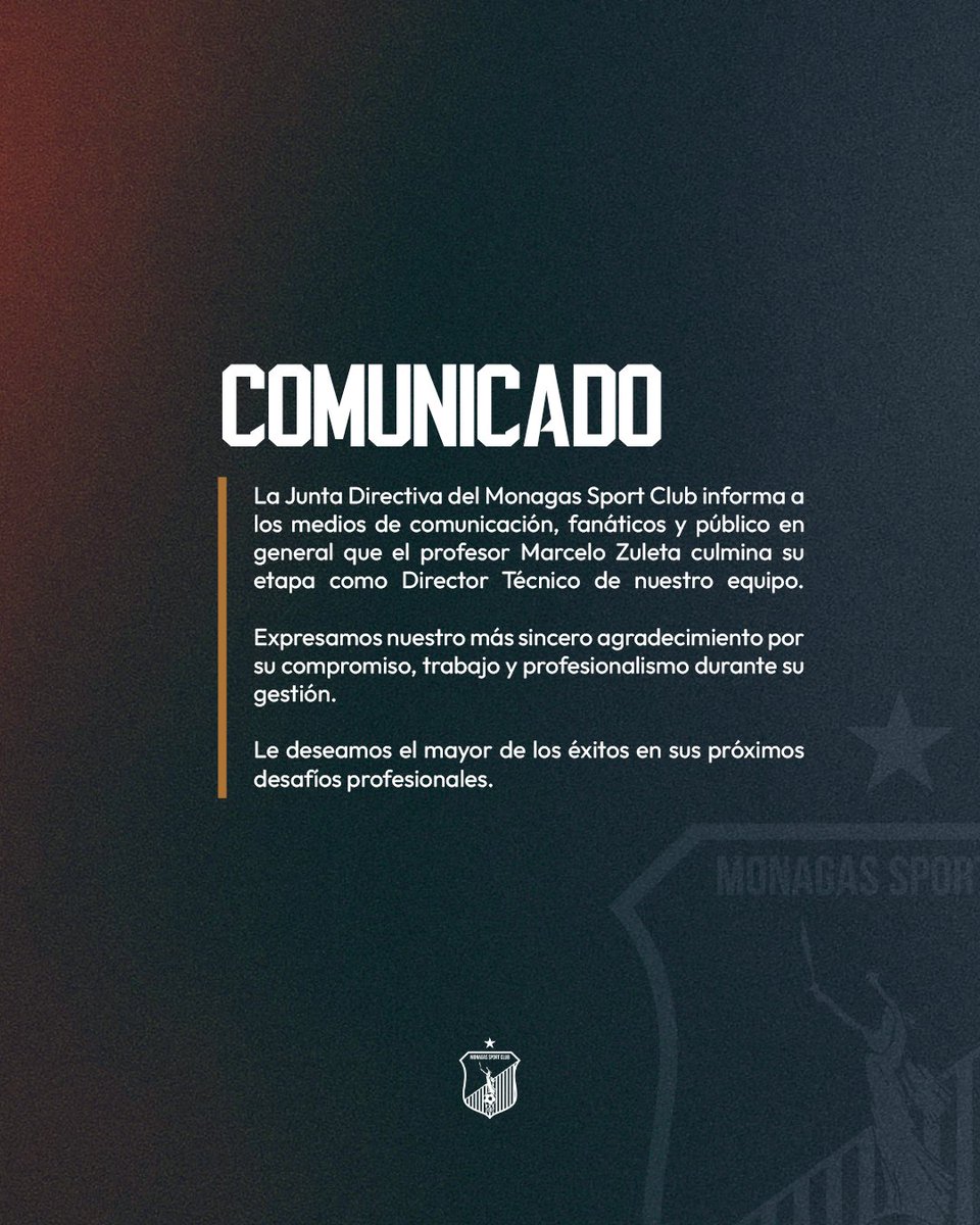 Monagas_SC's tweet photo. 📄 • 𝐂𝐨𝐦𝐮𝐧𝐢𝐜𝐚𝐝𝐨: Marcelo Zuleta https://t.co/xVuVMiaf5c
