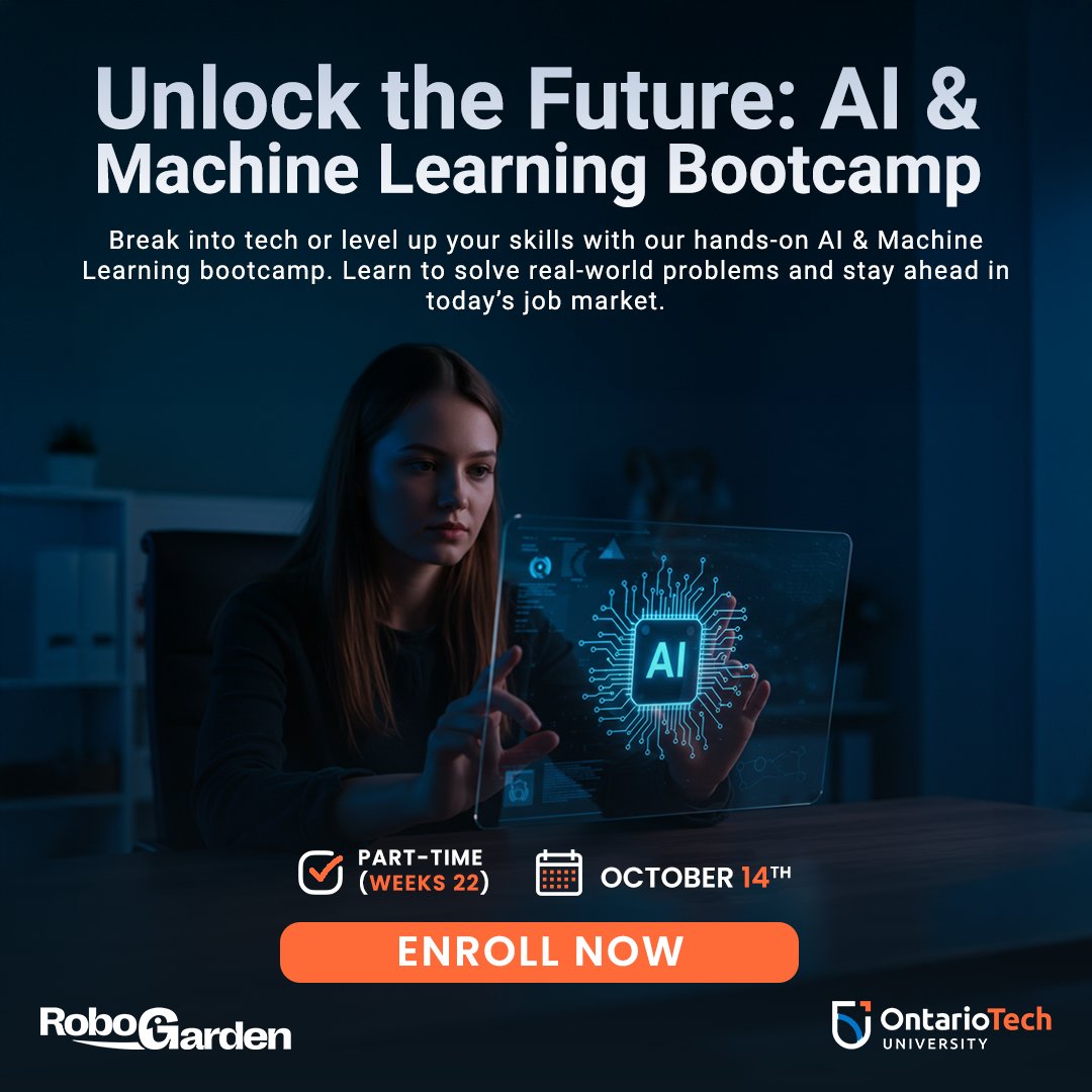 OT_Learn's tweet image. Unlock your tech future! Enroll in the AI & ML Bootcamp (22 weeks). Starts Oct 14. Registration closes Oct 13, 2025! 🚀
Enroll now: vist.ly/49pvj
#OntarioTechU #AIML #TechCareer