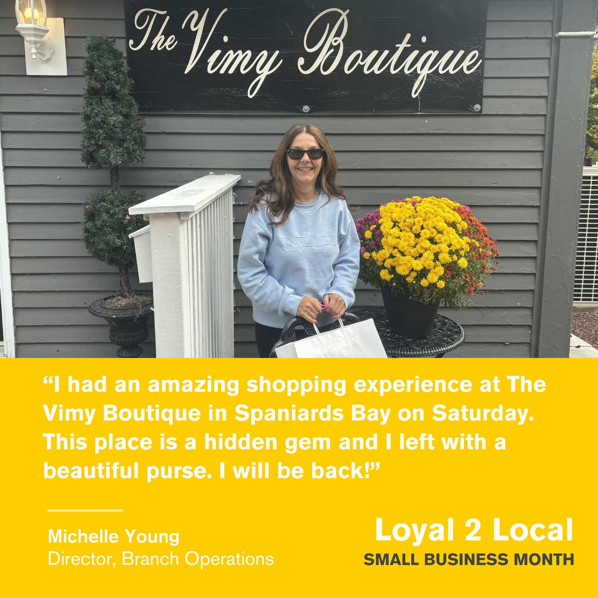 NLCU's tweet image. For our #Loyal2Local campaign, Director, Michelle, chose to support The Vimy Boutique in Spaniards Bay. The Vimy is a beautiful shop known for its stylish clothing, accessories and thoughtful gifts.

#ShopLocal #SmallBusinessMonth