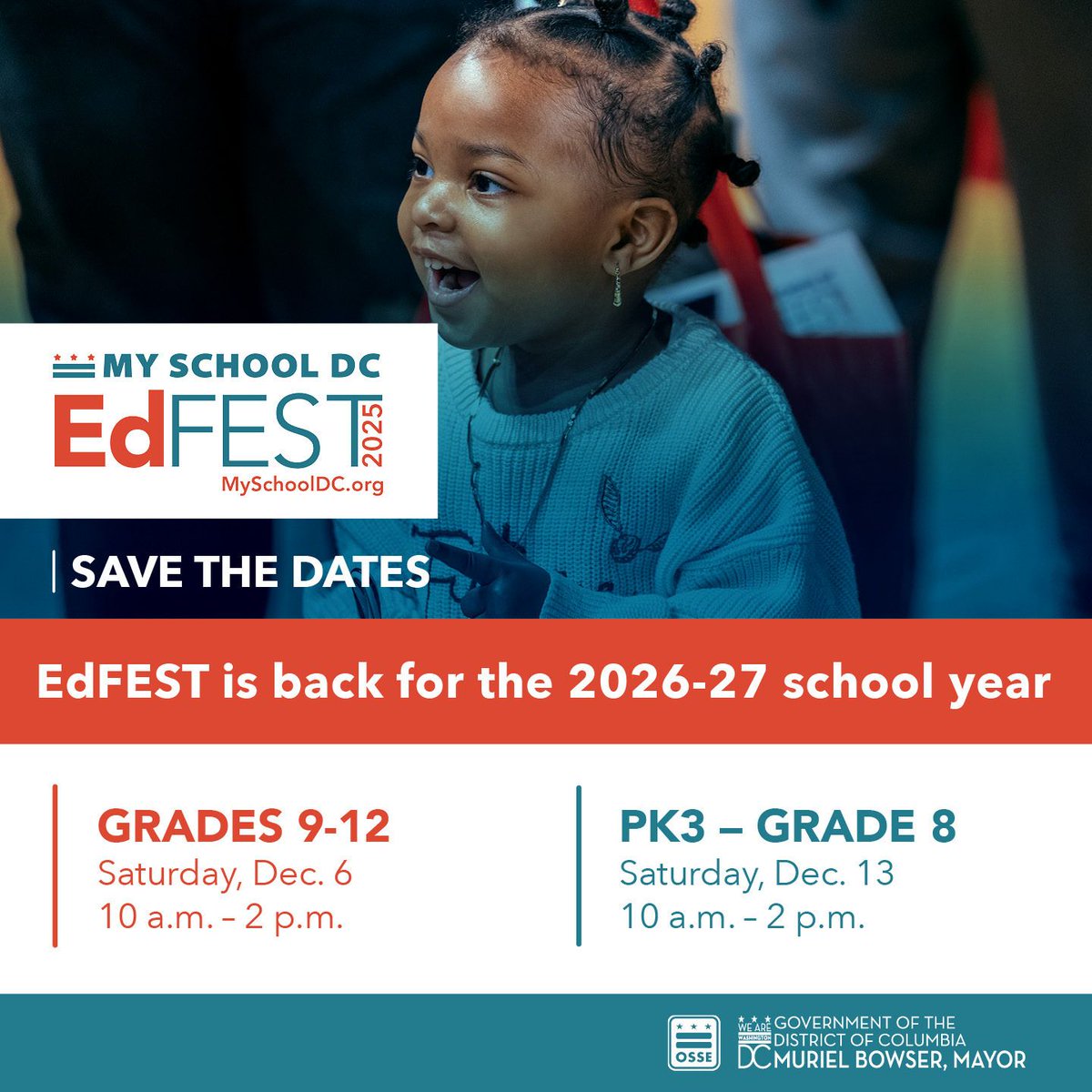 It’s almost lottery season! Mark your calendar for EdFEST 2025. 

Two events where you will be able to explore and find the perfect school for your child! ✨ 

Learn more at myschooldc.org