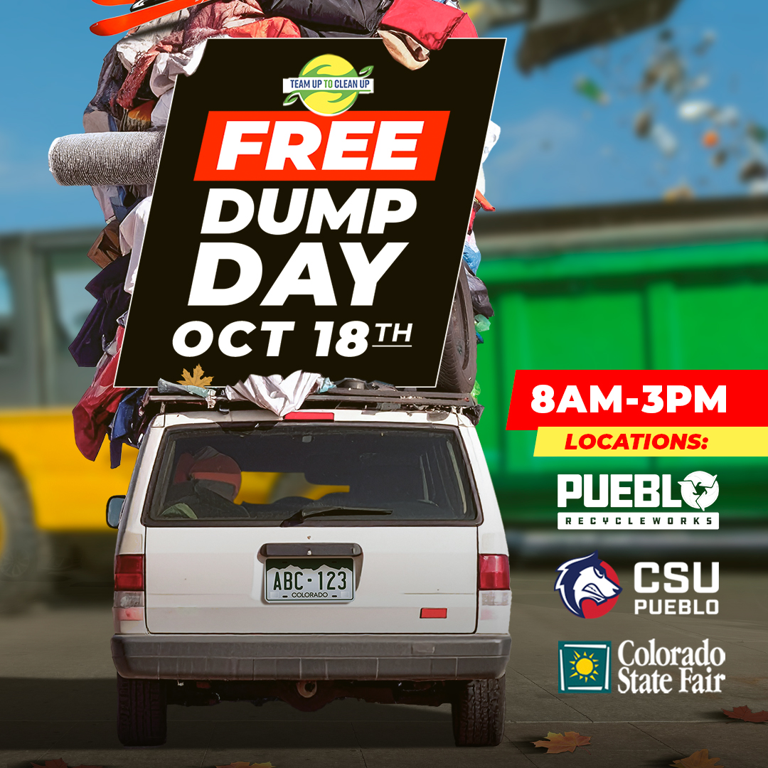 Team Up to Clean Up event is on Saturday, October 18th from 8am until 3pm.

Don't miss out on three different locations. This event is FREE and open to City of Pueblo residents, please bring an ID or utility bill with your city address. Let's clean up Pueblo!
